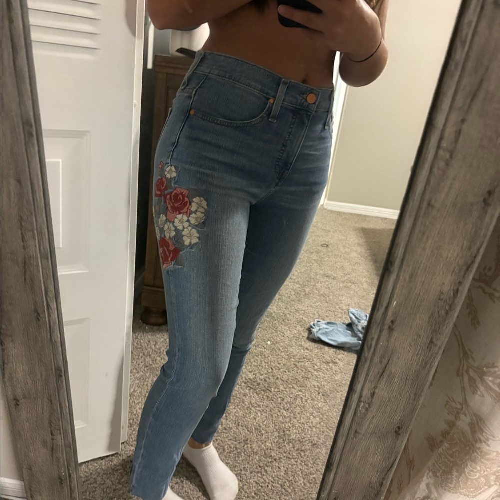 Caslon Light Blue High Rise Jeans with Red Floral Embroidery